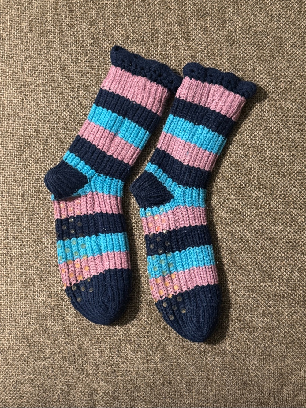 Crochet Striped Navy, Pink & Blue Knit Grip Socks